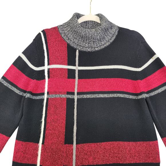 Liz Claiborne Womens Vintage Knit Turtleneck Sweater Size Medium Red Black Plaid - Picture 2 of 11